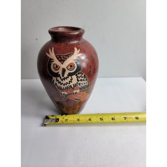 Nicaraguan Pottery OWL Vase Calera Signed Rust Brown Colorful 8" - Picture 8 of 8